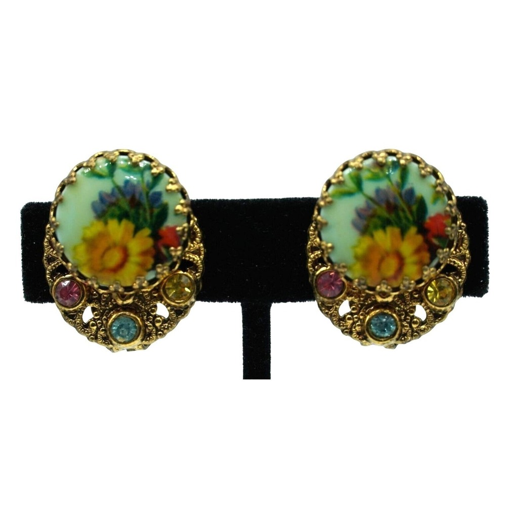 West Germany Rhinestone Earrings Floral‎ Cabochon Signed Costume Jewelry Vintage